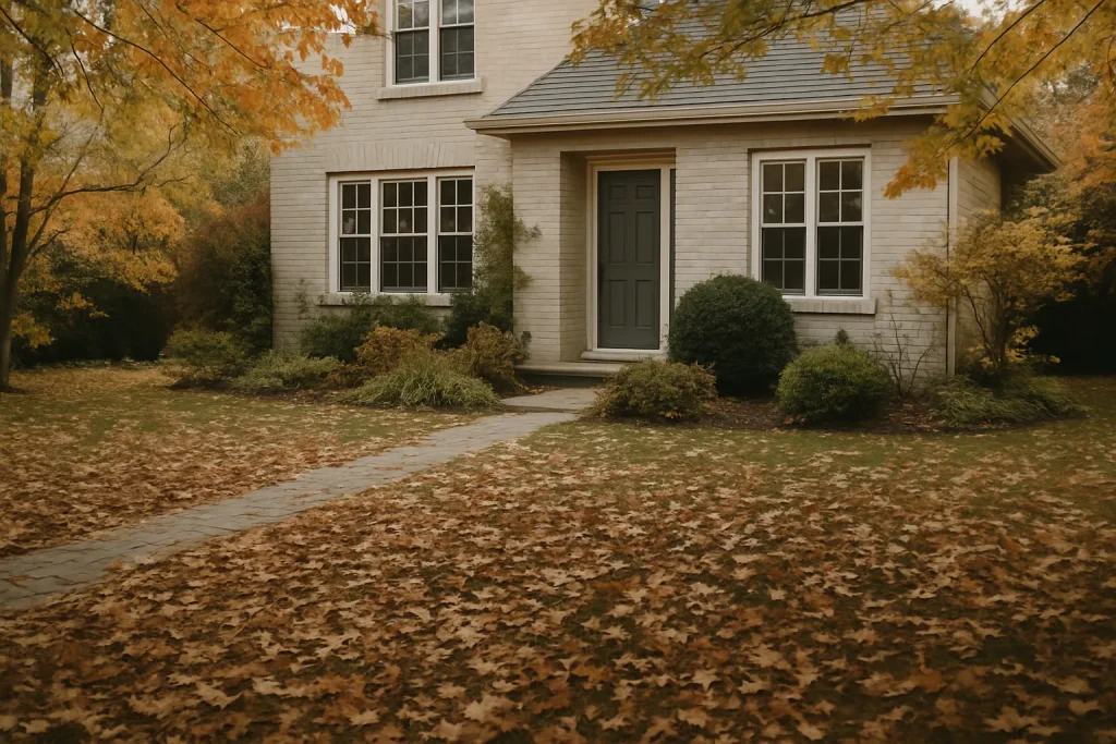 Maison avec jardin en automne, feuilles tombées sur le sol, symbolisant le temps.