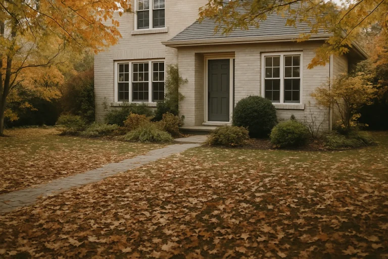 Maison avec jardin en automne, feuilles tombées sur le sol, symbolisant le temps.