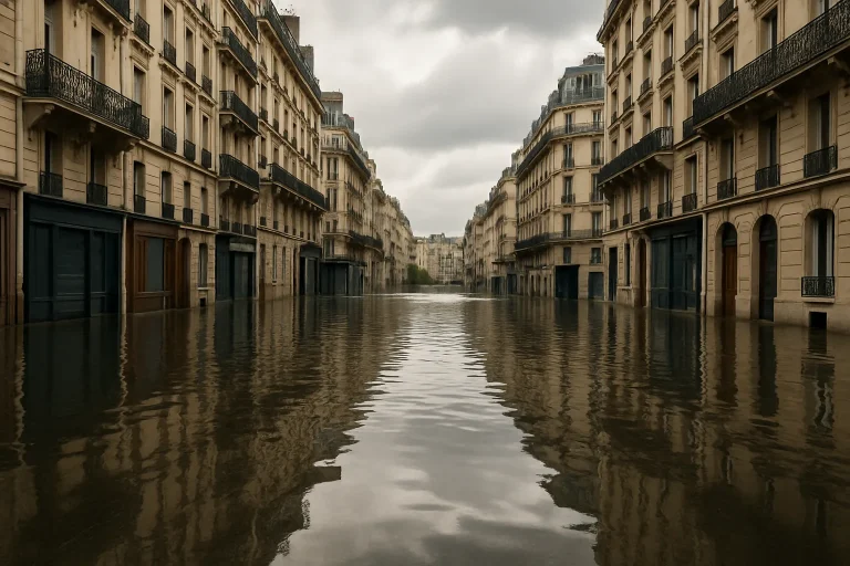 Rue inondée à Paris avec bâtiments en arrière-plan et eau réfléchissante.