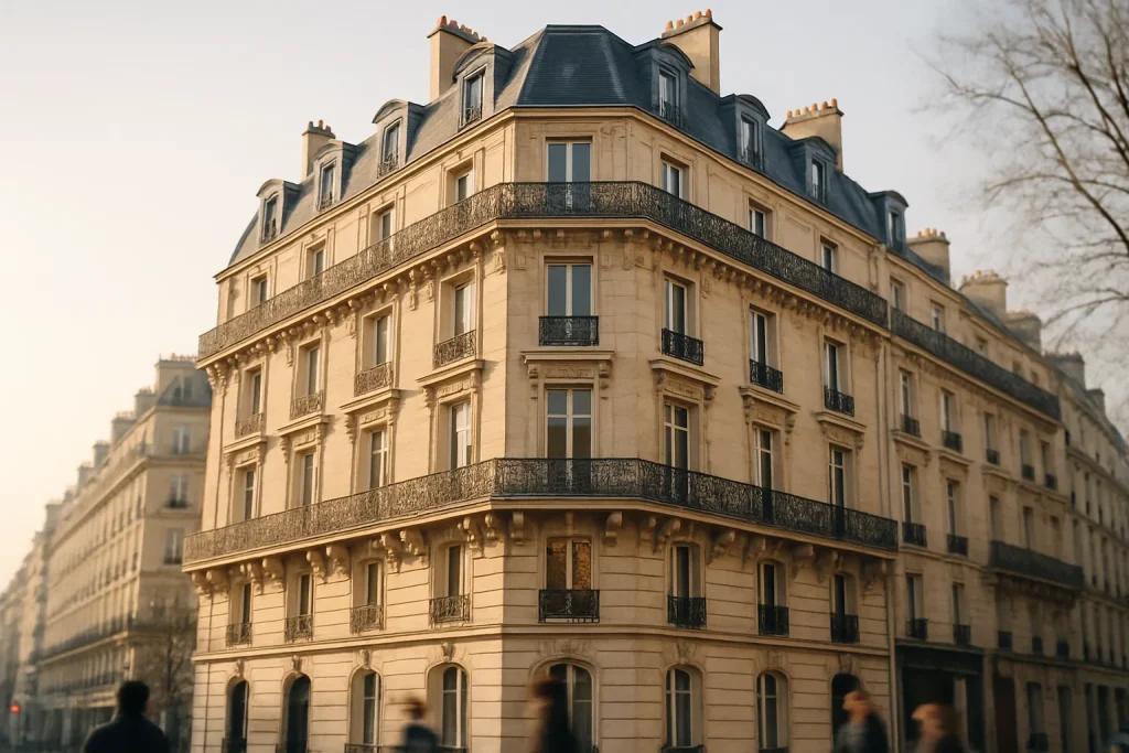Immeuble haussmannien à Paris avec passants flous, lumière du matin