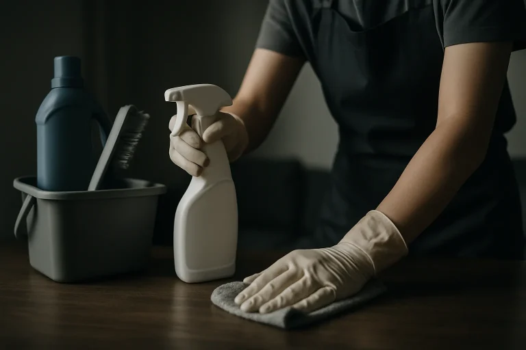Mains gantées utilisant des outils de nettoyage dans une pièce sombre, lumière neutre.