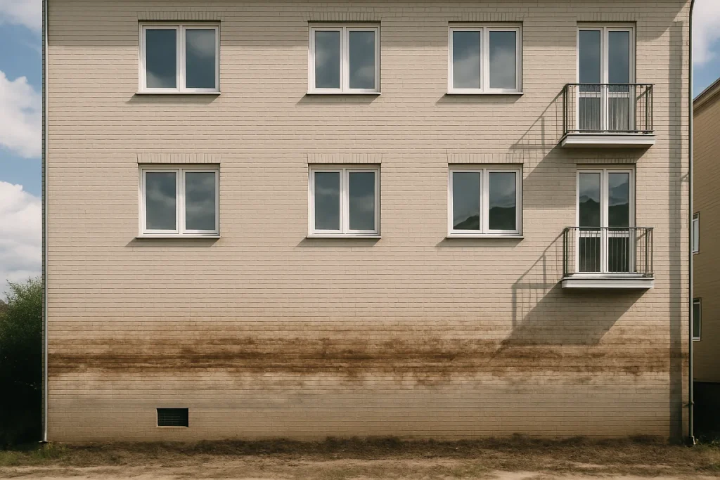 Vue extérieure d'un bâtiment avec marques d'inondation sur les murs.