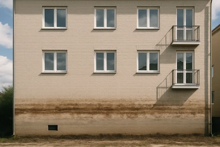 Vue extérieure d'un bâtiment avec marques d'inondation sur les murs.