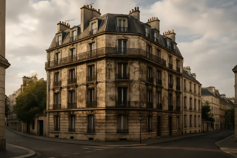 Immeuble parisien avec traces de suie sur les murs, éclairage doux de fin d'après-midi.