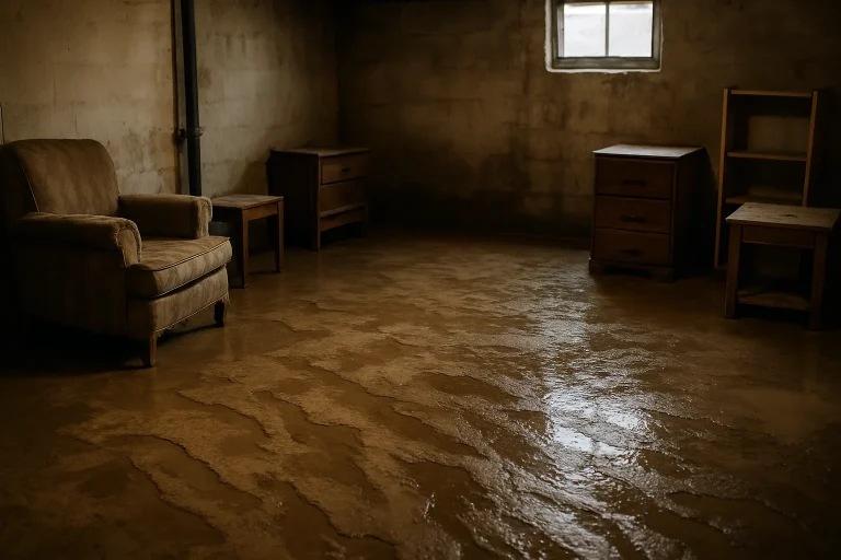 Sous-sol avec traces d'eau et boue, meubles abîmés après inondation.