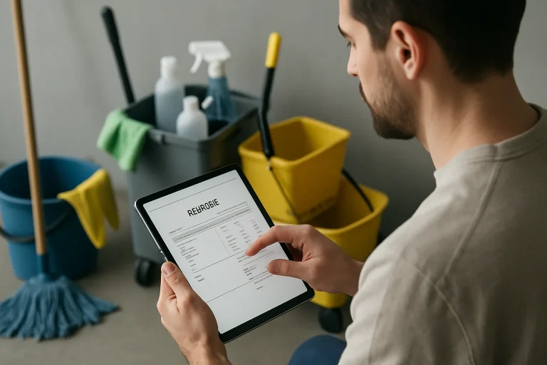 Un professionnel examine un devis sur une tablette avec des outils de nettoyage visibles.
