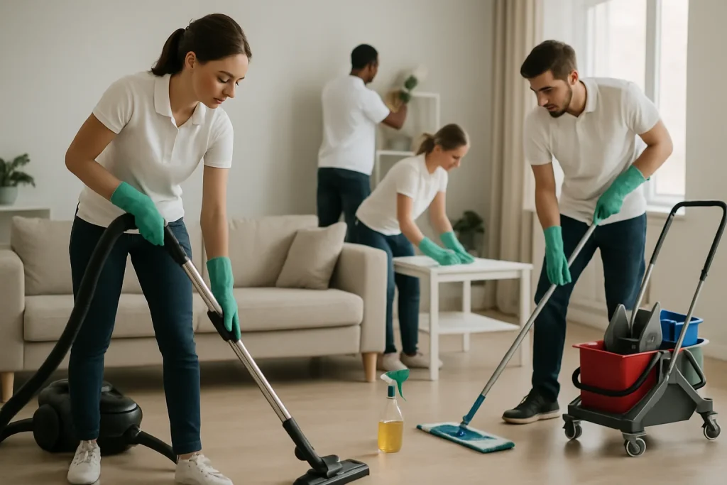 Équipe de nettoyage effectuant un nettoyage dans un salon après un décès naturel à domicile.