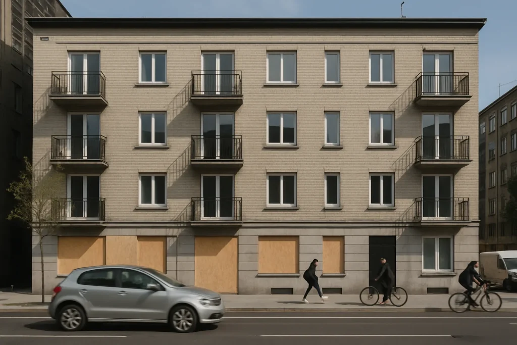 Façade d'un bâtiment barricadé avec passants et véhicules en rue animée