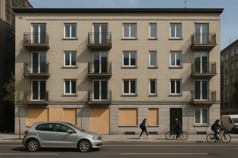 Façade d'un bâtiment barricadé avec passants et véhicules en rue animée