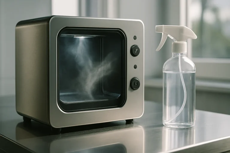 Gros plan sur une machine de désinfection moderne avec flacon de désinfectant
