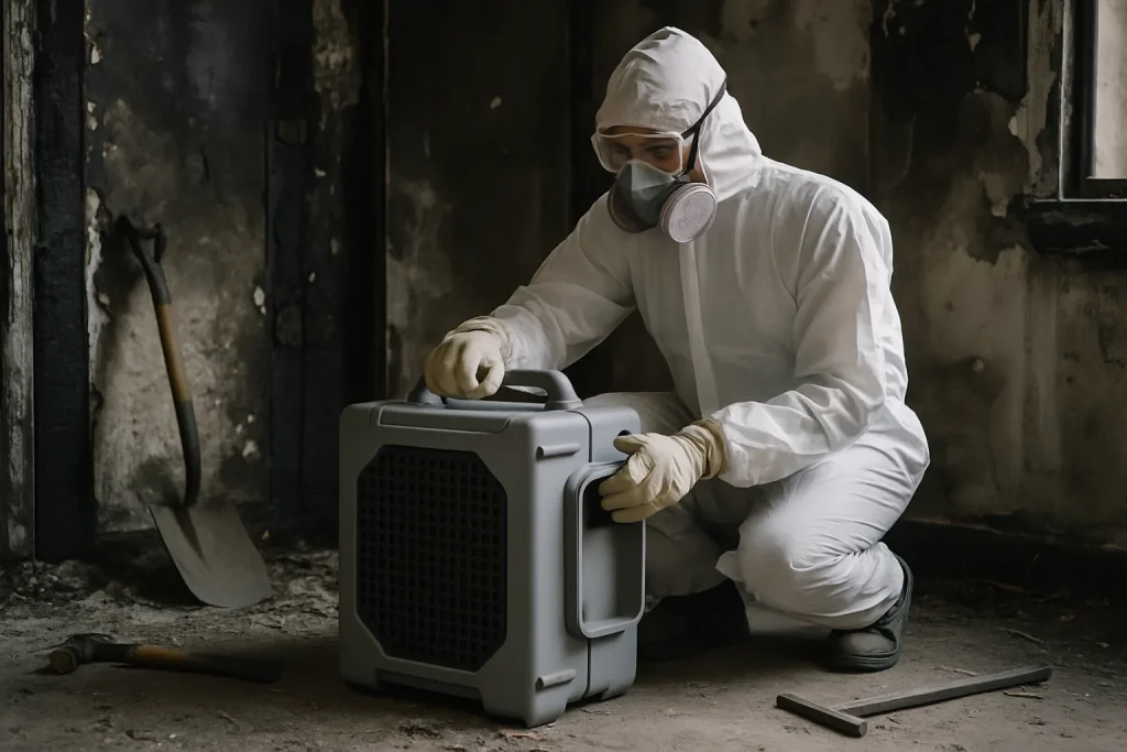 Un technicien en combinaison utilise un purificateur d'air dans une pièce après incendie.
