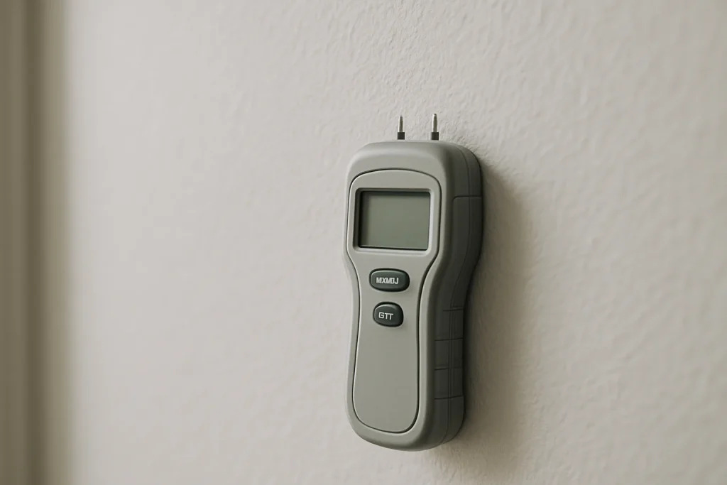 Mur rénové avec un détecteur d'humidité, lumière naturelle, texture visible