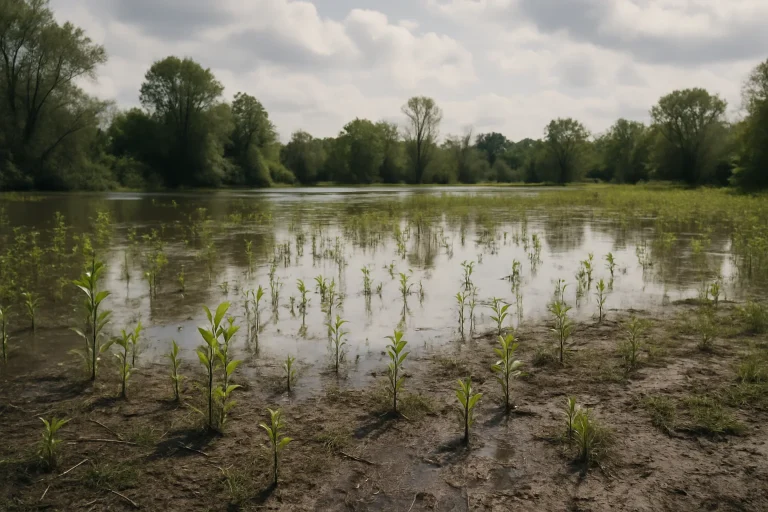 Zone inondée avec végétation en régénération sous un ciel partiellement nuageux, sol humide visible.