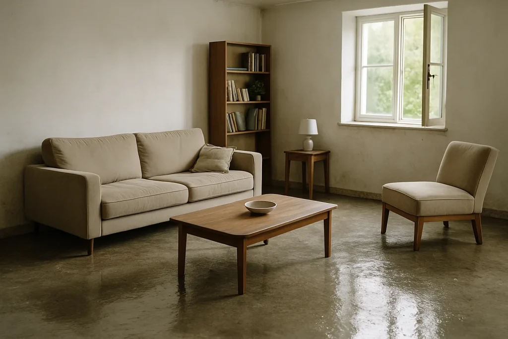 Salon inondé avec sol humide et meubles déplacés, lumière douce